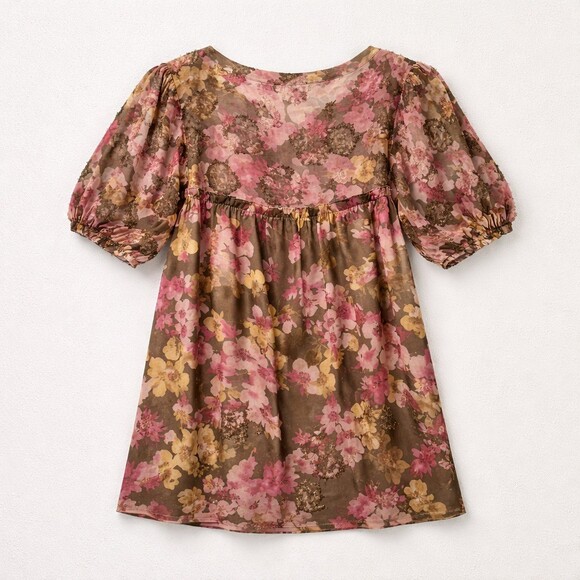 VOY Mini Dress Womens Size S Brown Pink Floral Babydoll Puff Sleeve - Picture 4 of 8